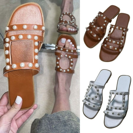 

Cethrio Womens Summer Comfort Flats Sandals- on Clearance Flat Slides Sandal Wide Width Brown Dressy Sandals/ Slides Size 7