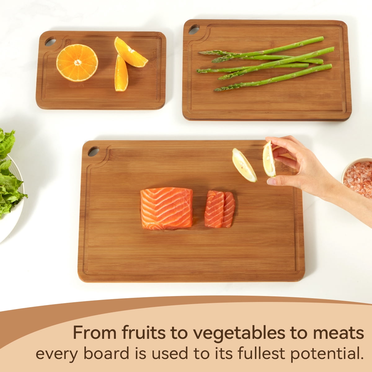 Bamboo Cutting Board Set, 3 Piece Kitchen Boards with Deep Grooves, Double-Sided Design, Hanging Holes, Large 15x10, Medium 12x8, Small 9x6 Inches