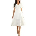 thumbnail image 1 of INSPIRE CHIC Robe Midi d'Été Décontractée pour Femme à Col en V, Manches à Volants, Smockée, avec Poches, Blanche, P, 1 of 5