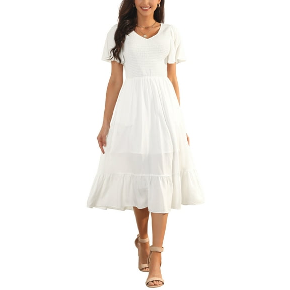 INSPIRE CHIC Women's Summer Casual V Neck Ruffle Sleeve Smocked Midi Dress with Pockets