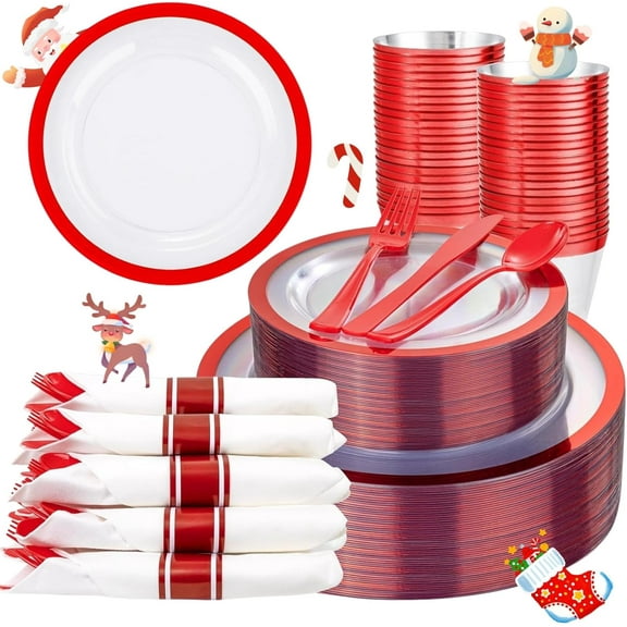 350PCS Clear and Red Plastic Plates New Year Plates and Napkins for 50Guests Plastic Dinnerware Set:100 Red Disposable Plates 50 Pre Rolled Napkins with Cutlery,50 Cups