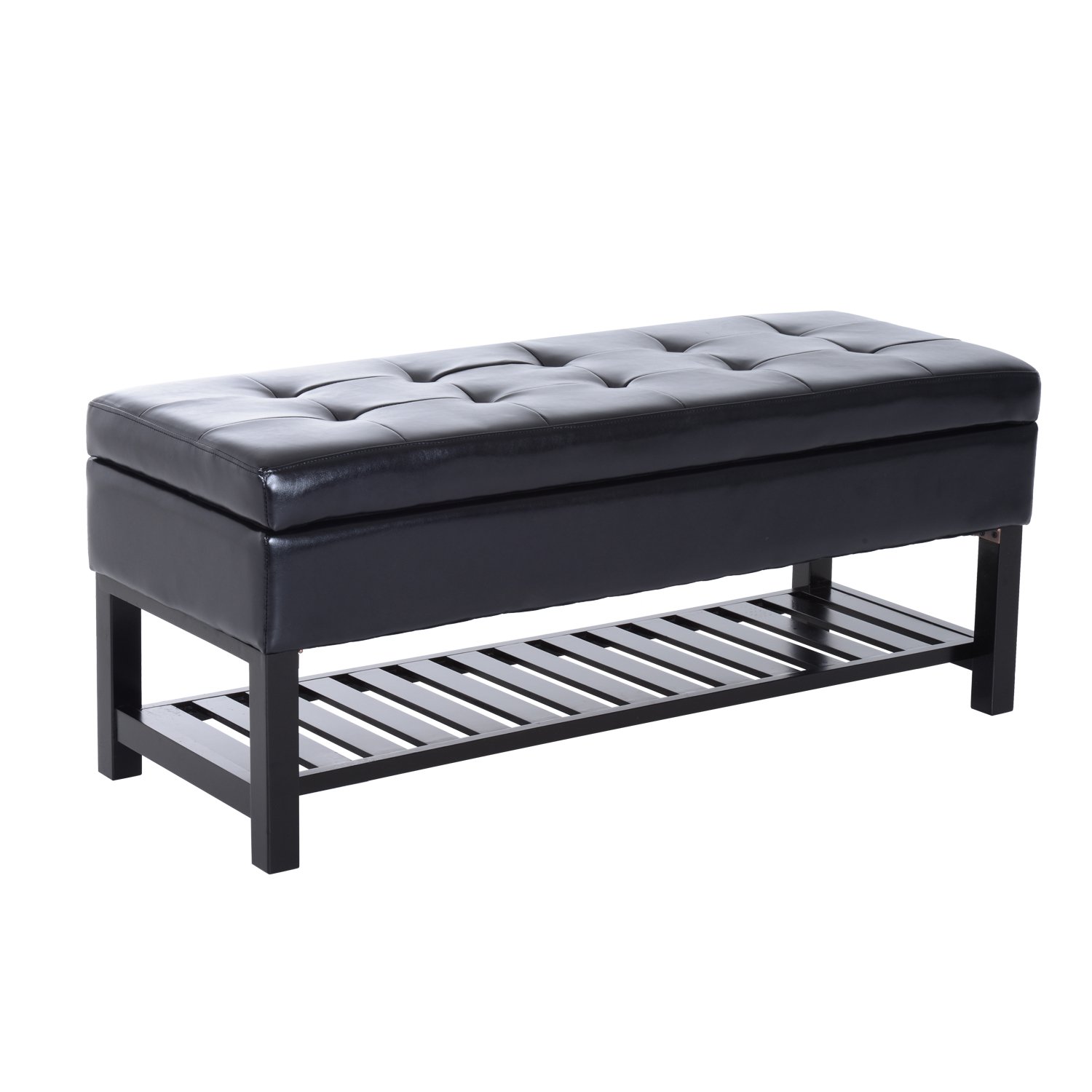 44" PU Leather Tufted Shoe Rack Ottoman Storage Bench Black