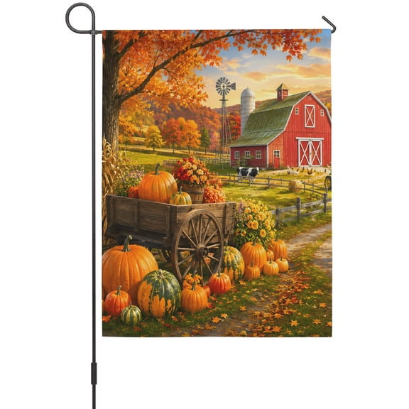 Fall Farmhouse Garden Flag 12 x 18 Inches, Rural Red Barn Pumpkins Windmill Country Road Rustic Weather Proof Outdoor Patio Flags Double Sided Small Garden Decoration for Yard Outside Home
