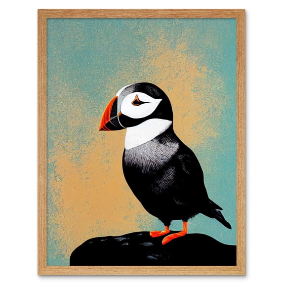 Cute Puffin Bird on Rock Modern Print Illustration Art Print Framed Poster Wall Decor 12x16 inch