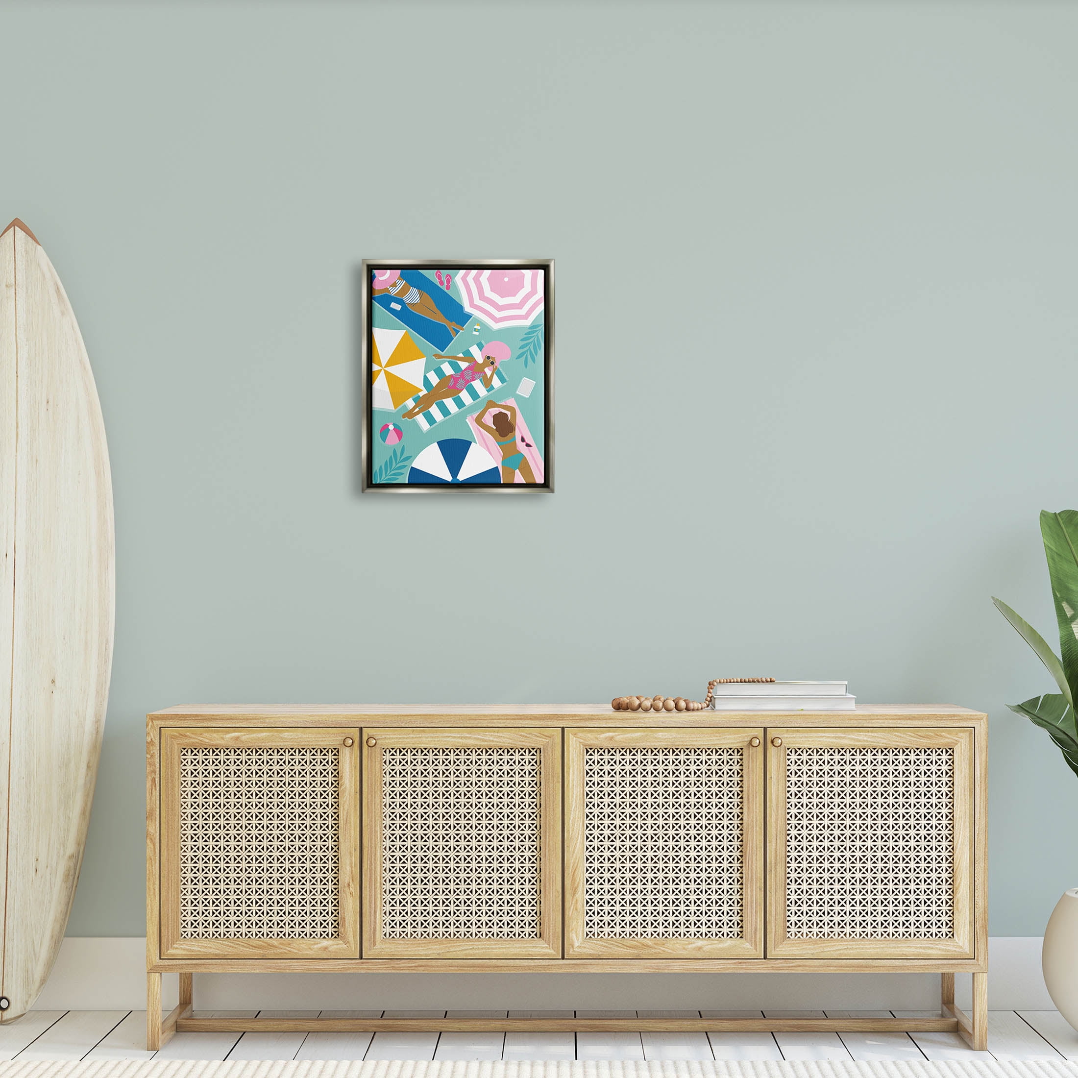 Modern Summer Sunbathing Girls Coastal Graphic Art Luster Gray Framed Art Print Wall Art