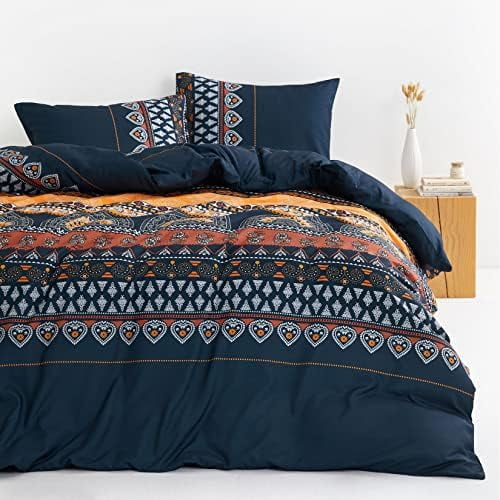 - Bohemian Comforter Set, Boho Chic Paisley Striped Floral Pattern Printed for Men Women, Soft Lightweight Bedding, 3 Pieces, Orange Navy, Queen Size