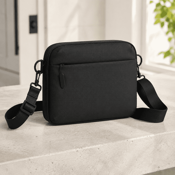 Men's Crossbody Chest Bag, Black Nylon 9.45 in Sling Backpack with Adjustable Shoulder Strap and Pockets for Travel, Sports and Daily Use