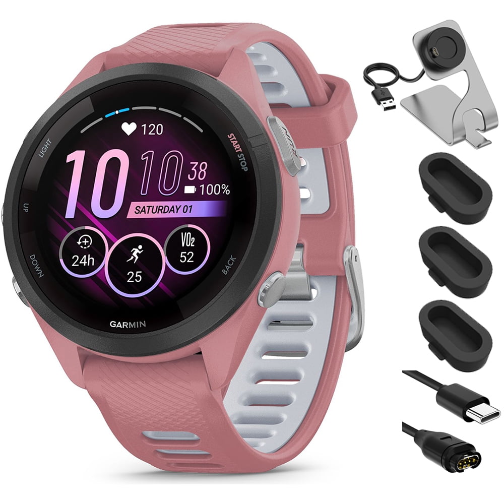 Garmin 010-02810-05 Forerunner 265S GPS Smartwatch Light Pink/Whitestone Bundle with Deco Essentials Charging Dock, Silicone Dust Cover 3 Pack and USB Type C Charging Cable