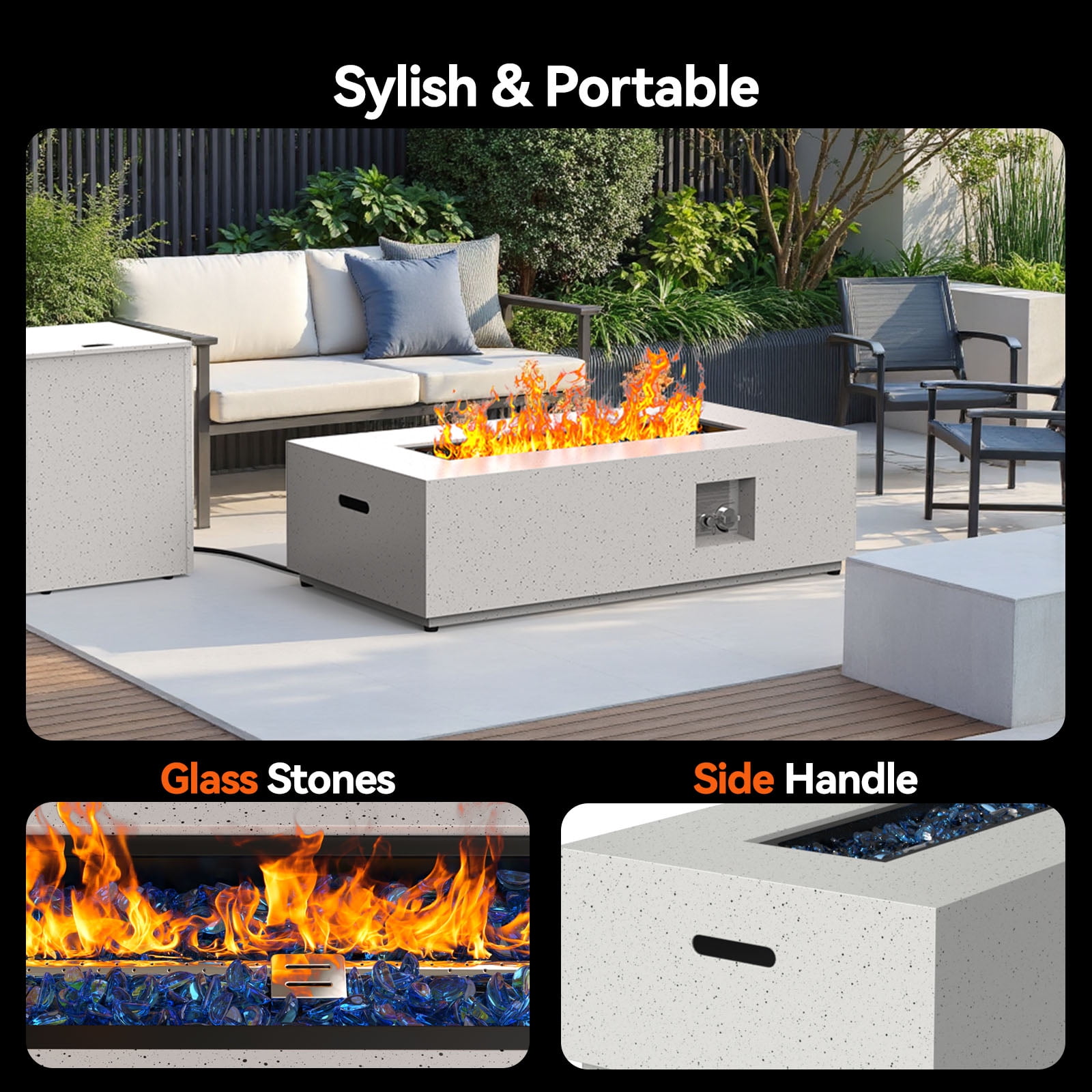 CHITOOMA 43" Propane Fire Pit with Side Table, 50,000 BTU Outdoor Gas Fire Pit with Glass Rocks, Fire Pit Table with Waterproof Cover, CSA Certification & Adjustable Legs for Patio, Backyard