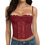 LLEY Fashion Lace Bustier Corset Crop Tops for Women with Buckle - Sexy Going Out Top Burgundy X-Small