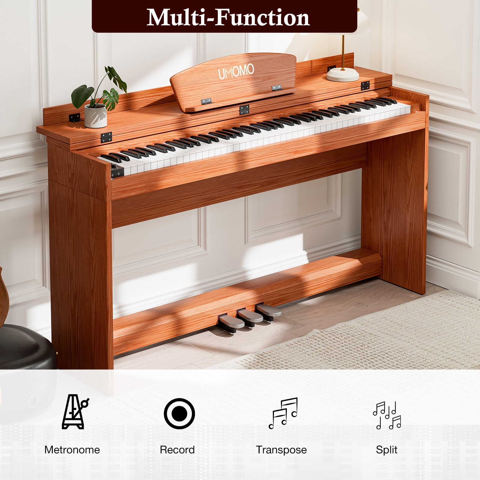 UMOMO 88 Key Digital Piano Keyboard, Full Size Electric Piano with Piano Stand, Headphone Jack, 3 Pedal, Electronic Piano for Beginner, Adults, Brown