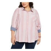 TOMMY HILFIGER Womens Pink Striped 3/4 Sleeve Collared Button Up Top Plus 0X