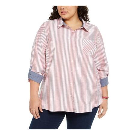 TOMMY HILFIGER Womens Pink Striped 3/4 Sleeve Collared Button Up Top Plus 0X