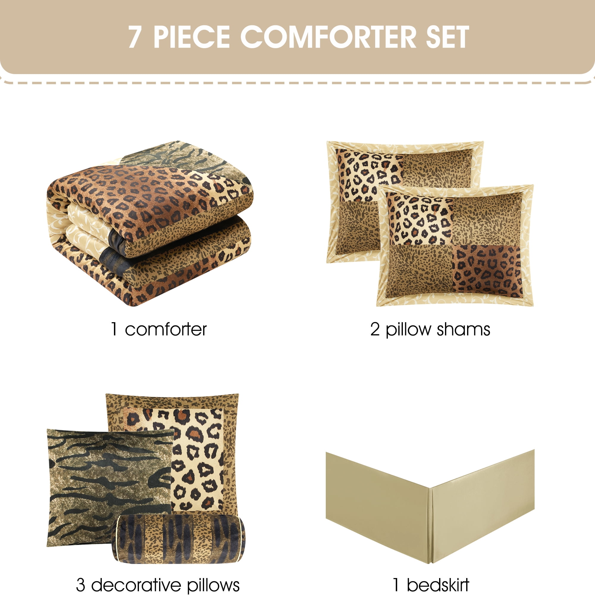 Lanco Aris Leopard Print 7-Piece Comforter Set, Brown And Black, Bed Size King, 100% Polyester, Abstract