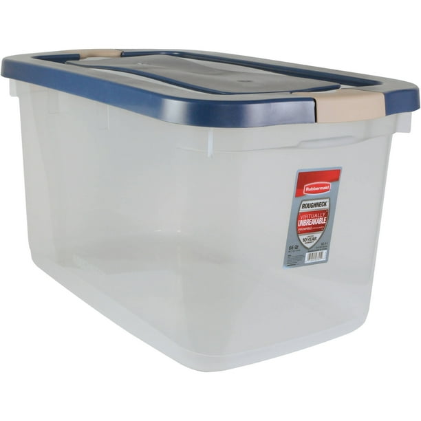 Rubbermaid Roughneck 66 Qt 16 5 Gal Clear Storage Tote Bin Clear With Blue Lid Walmart Com Walmart Com