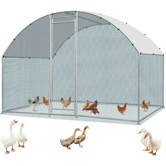 ZephyPaws Large Metal Chicken Coop Run,Walk-in Poultry Cage Heavy Duty Chicken Runs with Waterproof Cover, Ducks Rabbits Habitat Spire Shaped Outdoor Farm Use (10'Lx6.5'W x6.5'H),Silver
