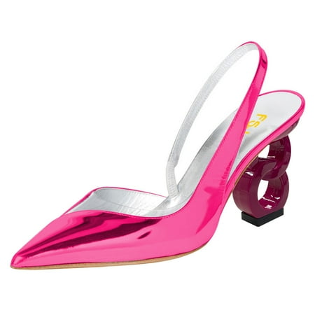

FSJ Women Fashion Clear Pointed Toe Slingback Chic V-shape Cutout Sandals Slip On Elastic Strap Unique Chain Heels Pumps Party Dress Shoes Size 5 Pink