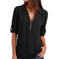 thumbnail image 3 of DYMADE Womens Solid Long Sleeve Zipper Tops Casual Chiffon Shirt Blouses, 3 of 4