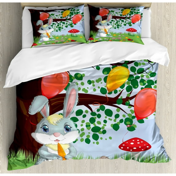 Flowers Insects Duvet Cover Set Queen Size, Cartoon Style Illustration of a Bunny and Colorful Balloons on a Tree, Decorative 3 Piece Bedding Set with 2 Pillow Shams, Multicolor, by Ambesonne