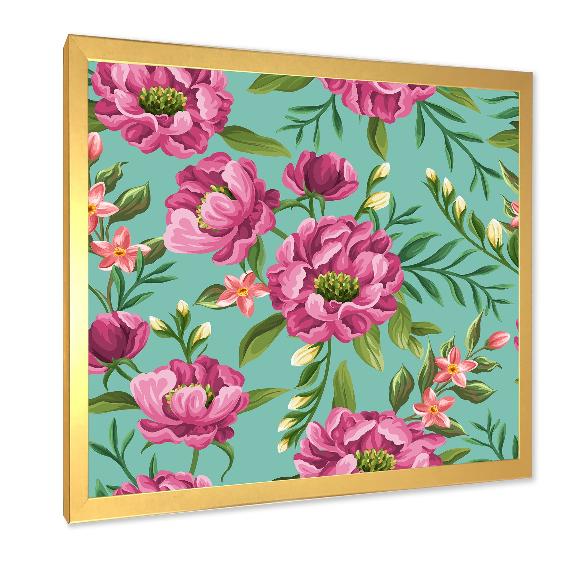 Designart 'Fuchia Pink Flowers On Green VIntage' Traditional Framed Art Print