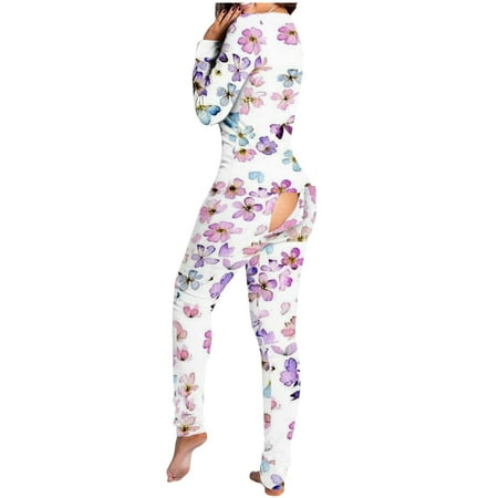 

Onesies Womens Pajamas Onesie Flap Pajamas Print Butt Flap Sleepwear Cute Button Collar Rompers Nightwear Jumpsuit