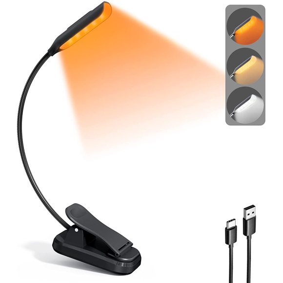 Lightweight Rechargeable 9 LED Amber Book Light for Reading in Bed, Eye-Care Clip-on Reading Light up to 80 Hours, 3 Brightness X 3 Color Modes