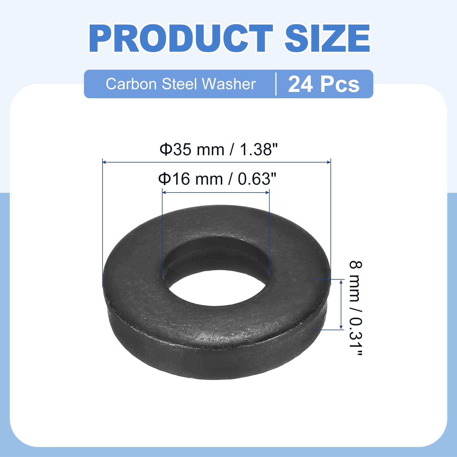 Uxcell 24pcs 5/8" Black Flat Washer for M16 Screw, Steel Metal Washers 16mm ID 35mm OD 8mm l for Industrial, Screws Bolts