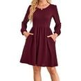 thumbnail image 2 of Women'S Dress Long Lantern Sleeves Round Neck Flowing A-Line Skirt Autumn Fashion Wine Red S, 2 of 10