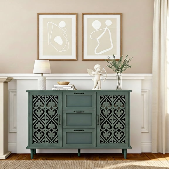 LFGUIZO 47″ Green Sideboard with 3 Drawers, 2 Doors and 2 Shelves, Bohemia Accent Storage Cabinet with Heart-Shaped Carved Doors,Living room, TV cabinet