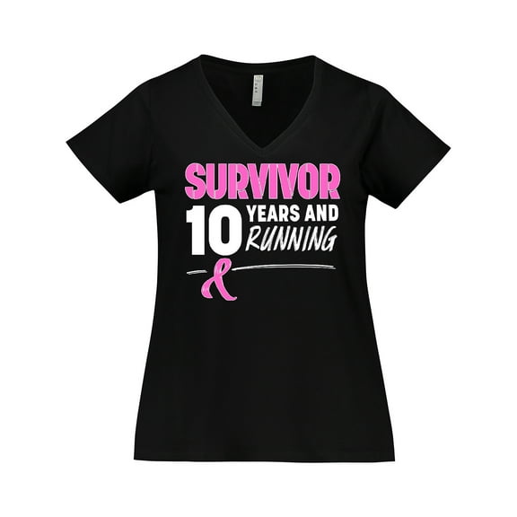 Inktastic Breast Cancer Survivor 10 Years and Running with Pink Ribbon Women's Plus Size V-Neck T-Shirt