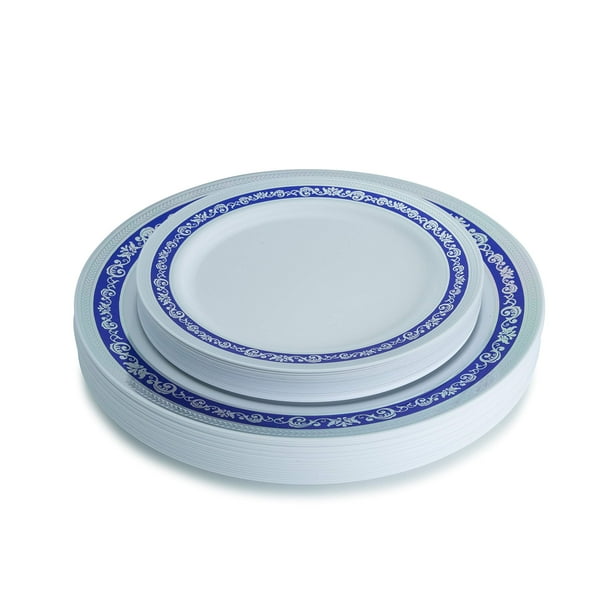 Posh Setting Royal Collection White Plastic Plates With Silver & Royal Blue Plastic Plates