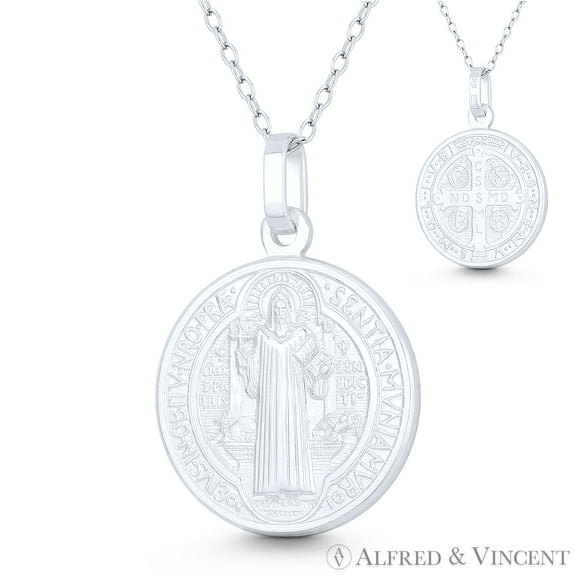 St. Benedict of Nursia & Cross Reversible 20mm (0.8in) Medal Pendant & Chain Necklace in .925 Sterling Silver