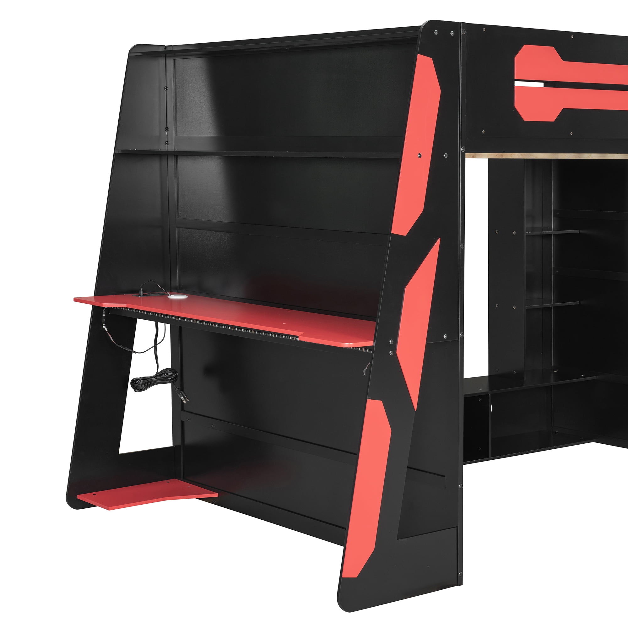 Aukfa Full Size Gaming Loft Bed for Teens, Wood Esports Bed Frame with Desk, LED Lights, Charging Station & Storage Shelves, Red