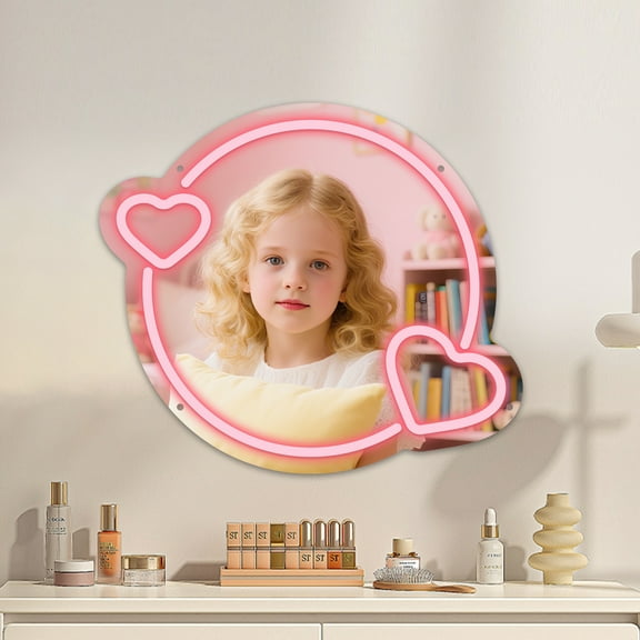 Pink Heart Mirror with Light Neon Signs for Locker Room Living Room Girl's Bedroom, Cute Acrylic Mirror with Dimmable for Girl Gifts, Love Heart Wall Mirror