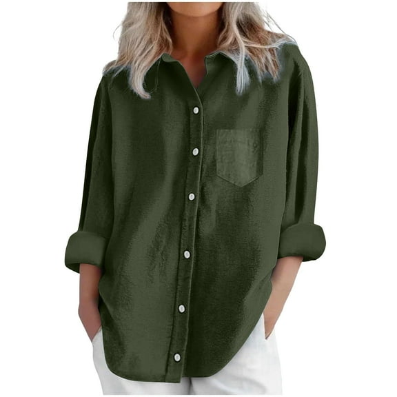 Loopsun Womens Tops Plus Size, Womens Long Sleeve Linen Shirts, Women's Solid Long Sleeve V Neck Button Cotton and Linen Top with Pocket Army Green L