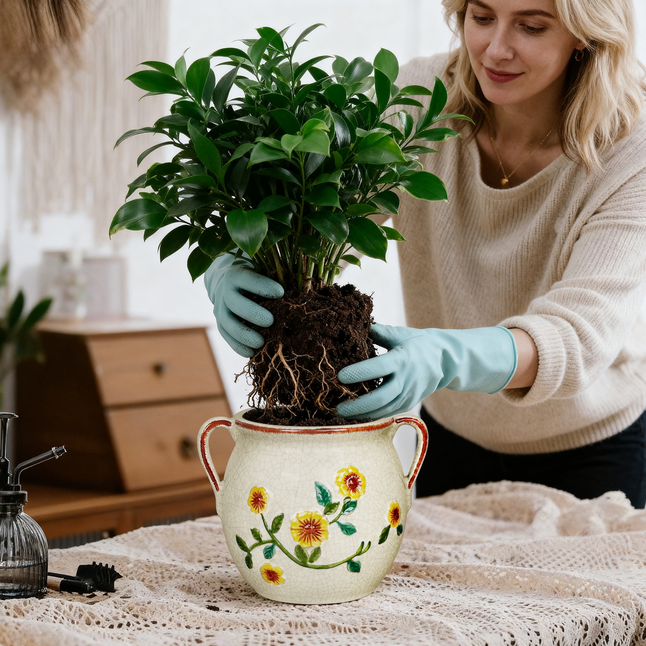 BUYMAX 6 inch Rustic Ceramic Planter with Handles, Embossed Sunflower Pot, Vintage Crackle Glaze Flower Container for Home & Garden Décor