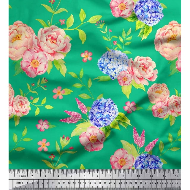 Soimoi Green Poly Georgette Fabric Periwinkle & Peony Floral Print Fabric by Yard 52 Inch Wide