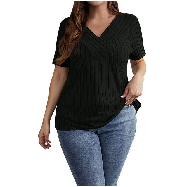 WRKEKC Summer T-Shirts for Women Spring Fall Solid Color V-Neck Short Sleeve Ribbed Brushed Short Sleeve V-Neck Blouse