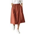 thumbnail image 2 of Women's Cotton Linen Midi Skirts Elastic Waist Front Button Solid Color A-Line Skirts Loose Causal Going Out Skirts with Pockets, L, 2 of 6