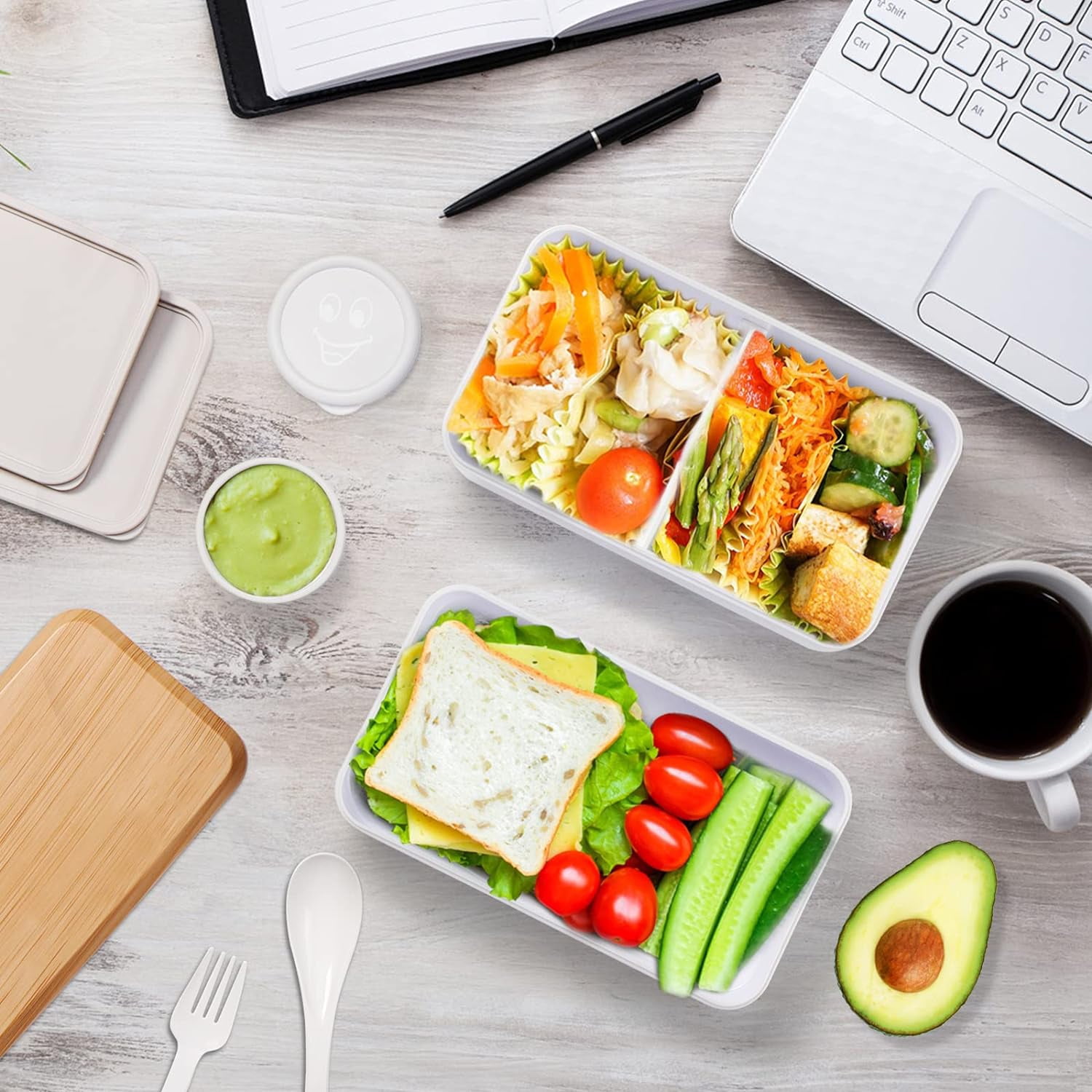 Bento Lunch Box,Adult Lunch Box with Compartments(47oz),Stackable Rectangle Lunchable Food Container with Utensil Set ,Sauce Container ,Leak-Proof Lunchbox - White