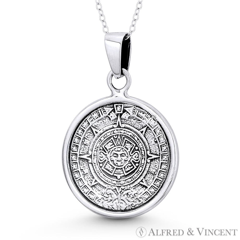 Details about   925 Sterling Silver Azteca Maya Calendar Pendant W/ Necklace 24" 