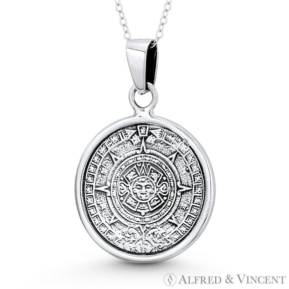 Mayan Calendar & Aztec God Tlaltecuhtli 37x25mm Pendant & Chain Necklace in Oxidized .925 Sterling Silver