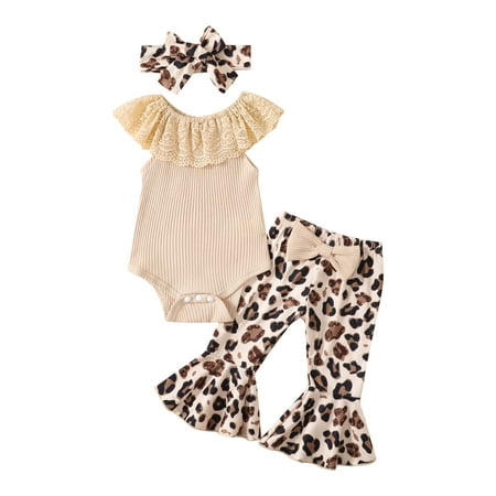 

5 Piece Baby Girls Sleeveless Ribbed Lace Romper Bodysuit Bowknot Leopard Prints Bell Bottoms Pants Headbands Outfits