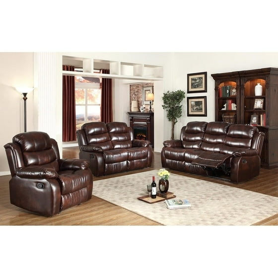 3pc Motion Brown Faux Leather Reclining Sofa Loveseat Chair Set