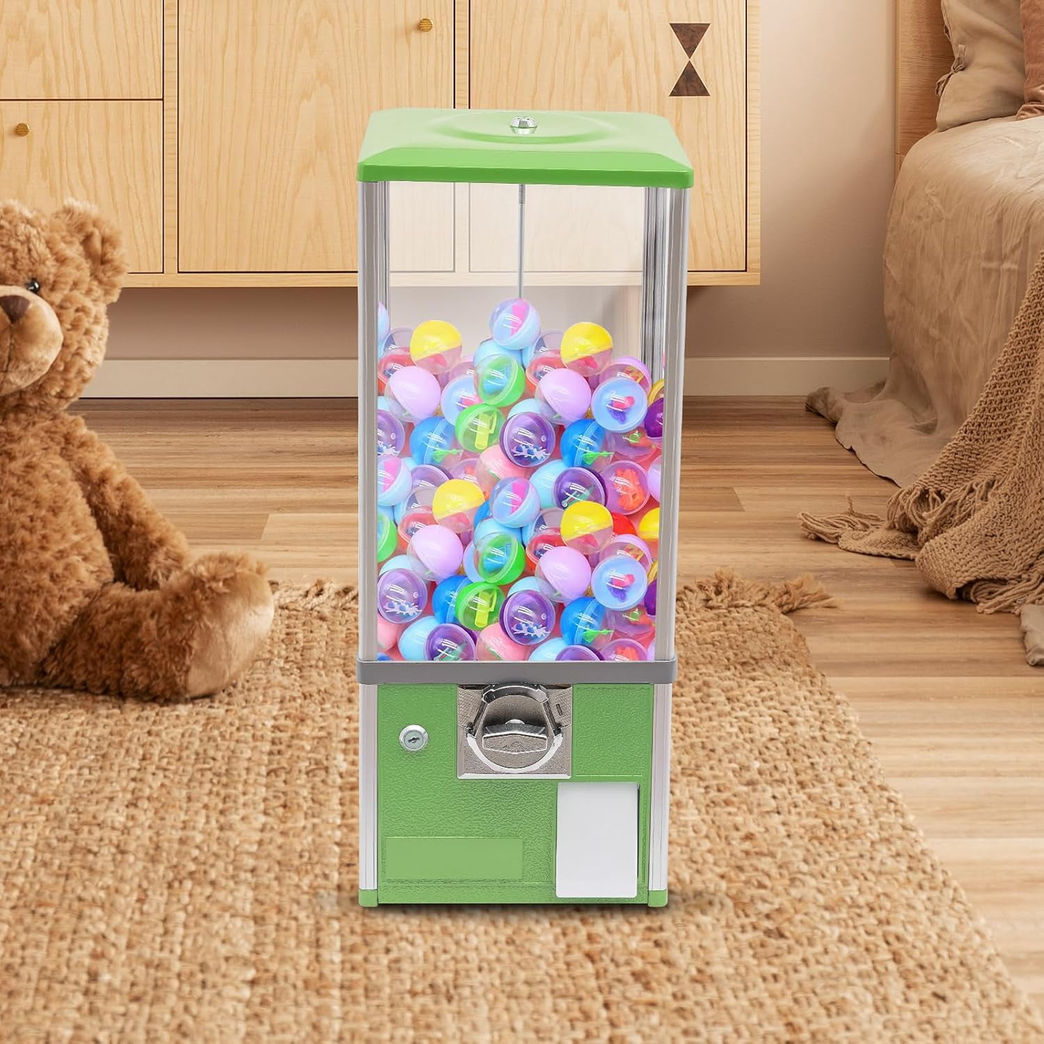 Candy Dispenser 25 Cents Commercial Gumball Dispenser Machine with Keys Balls Capsule Toys Vending Machine for Business Retail Stores Game Halls,10.2x10.2x25.2in (Light Green)