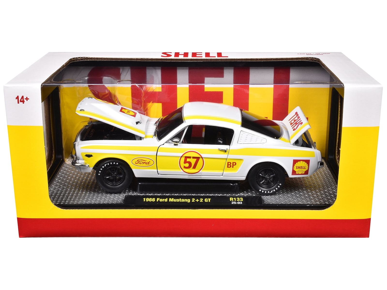 1966 Ford Mustang 2+2 GT #57 "Shell Oil" White with Yellow Stripes Limited Edition 1/24 Diecast Model Car by M2 Machines