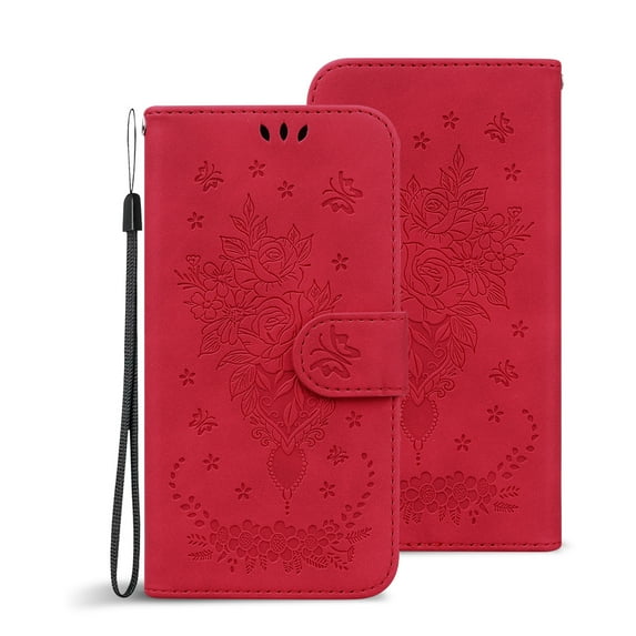 Wallet Case for iPhone 11 Pro 6.5 Inch, Flower Embossed PU Leather Shockproof Wrist Strap Magnetic Flip Folio Purse Case with Kickstand Card Slots Phone Cover for iPhone 11 Pro 5.8 Inch,Red