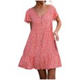 thumbnail image 1 of Vestido bohemio con cuello en V suelto de manga corta con estampado de línea A para mujer Fridja  qw4959, 1 of 9