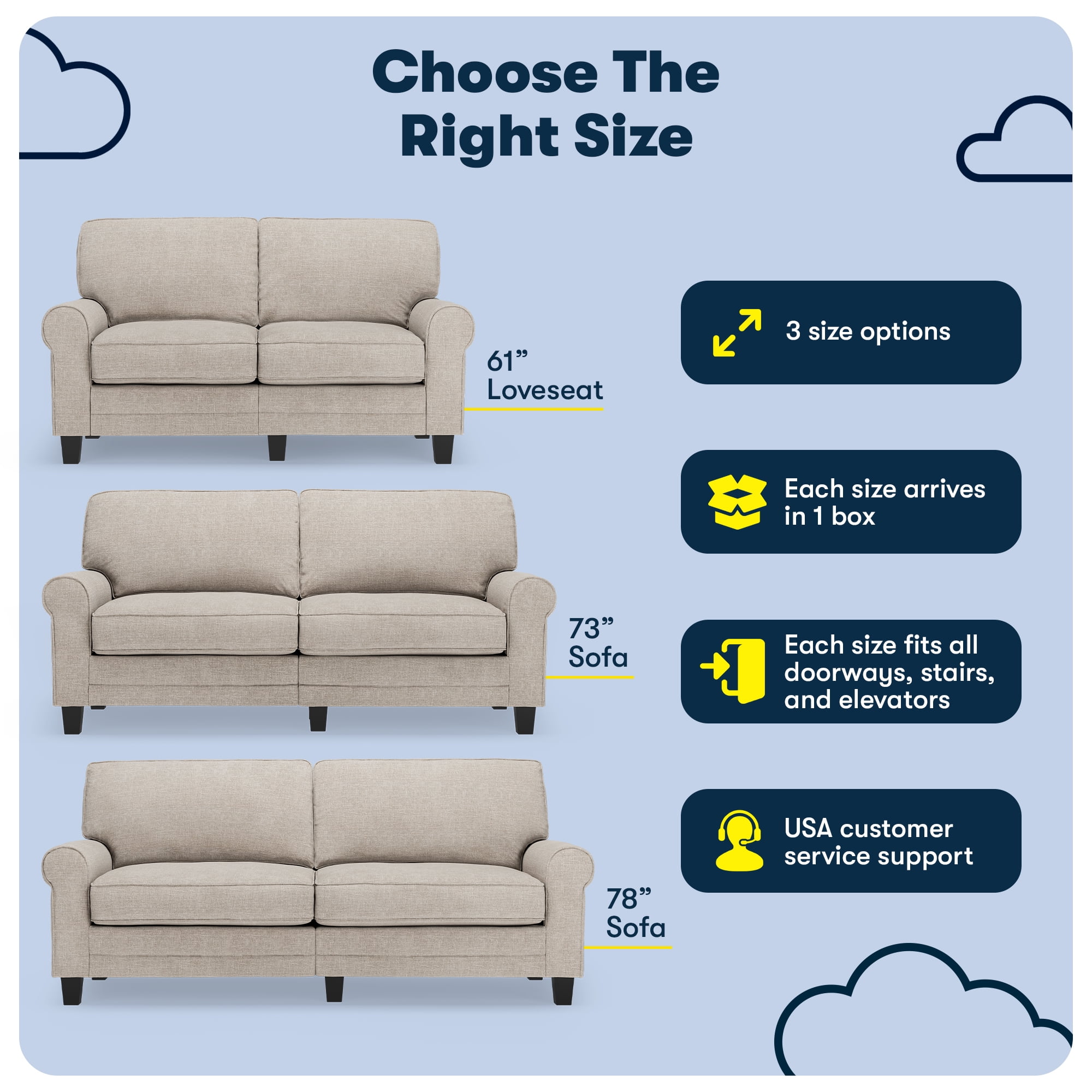 Serta Copenhagen 73" Rolled Arm Sofa, Easy Care Polyester, Loveseat or Couch for Small Spaces, Light Gray