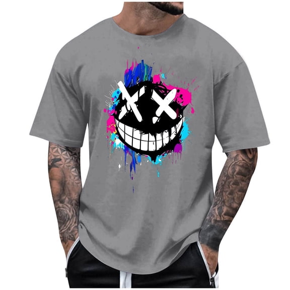 Dagegui Mens Crewneck T Shirts Smile Teeth Graphic Short Sleeve Tops Loose Fit Casual Tees Streetwear Big and Tall Summer T-Shirts Gray S